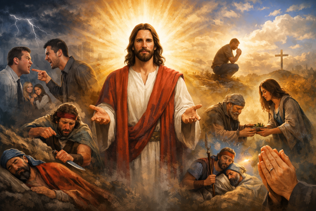 Jesus standing in the middle of people, showing the model for loving our enemies.